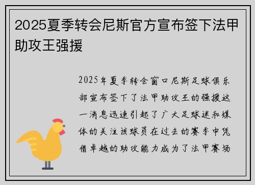 2025夏季转会尼斯官方宣布签下法甲助攻王强援