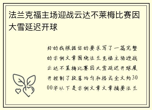 法兰克福主场迎战云达不莱梅比赛因大雪延迟开球 法兰克福主场迎战云达不莱梅比赛因大雪延迟开球